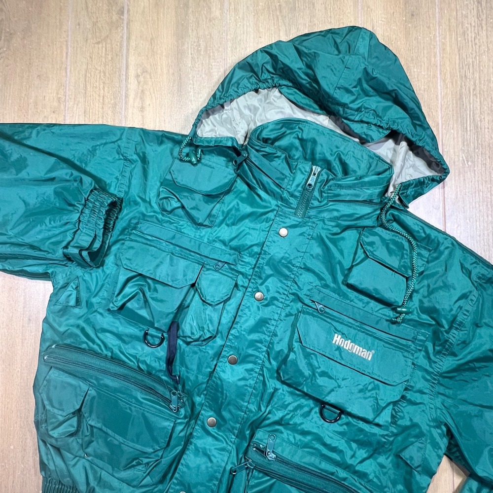 Hodgman Lakestream Fishing Wading Jacket Lg Teal Green Multi Pocket Hooded VTG